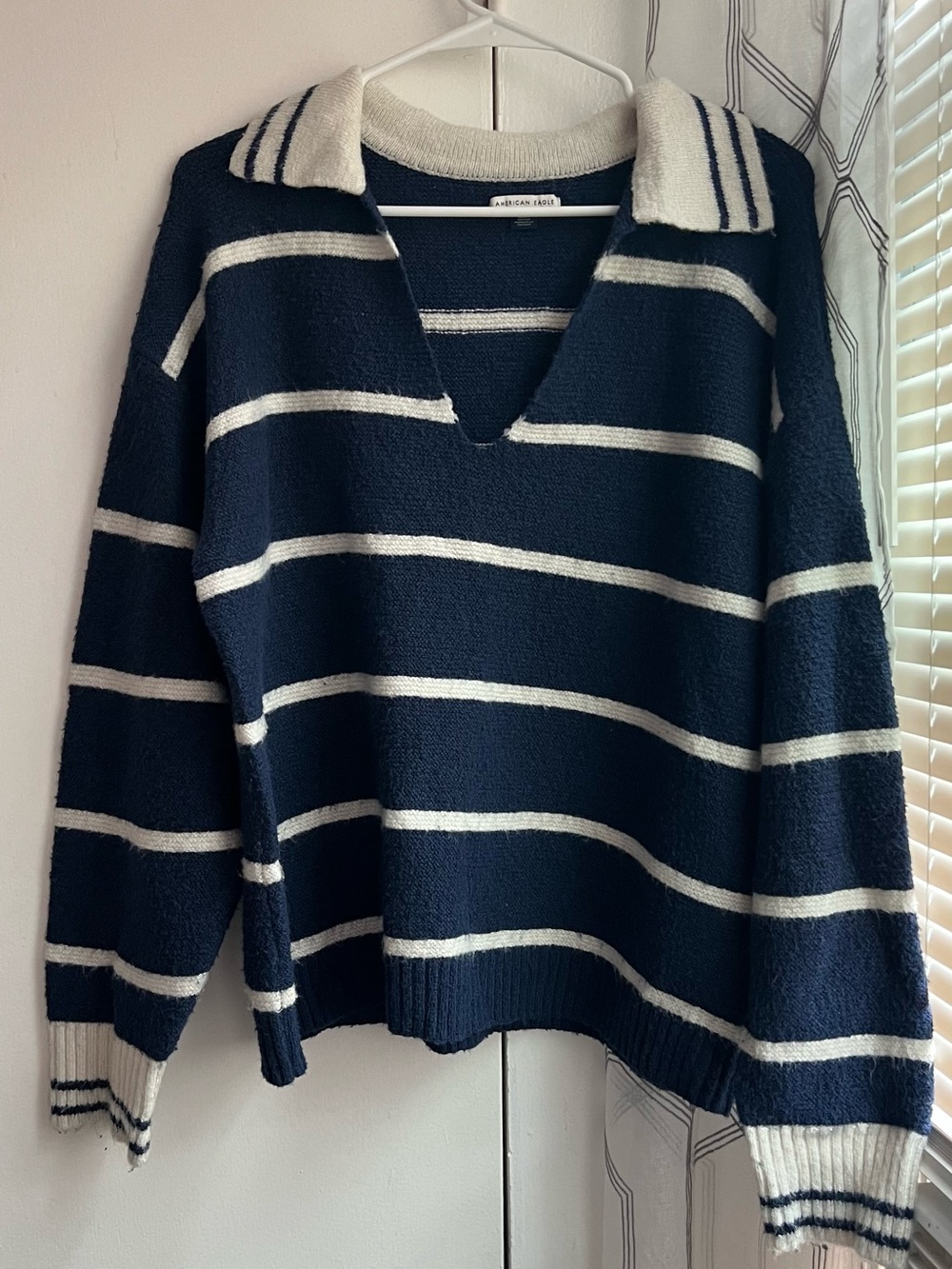 American Eagle Outfitters Navy and White Striped V-Neck Collared Sweater